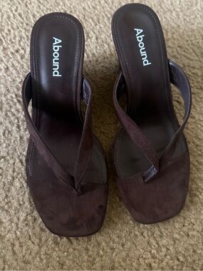 Abound Dark Brown Suede Square-Toe Thong Heels